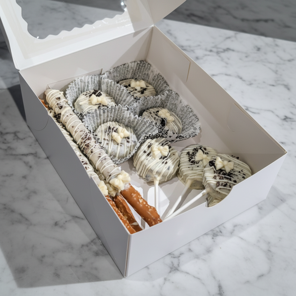 Medium treat box with white chocolate dipped Oreos, pretzel rods, and cake pops